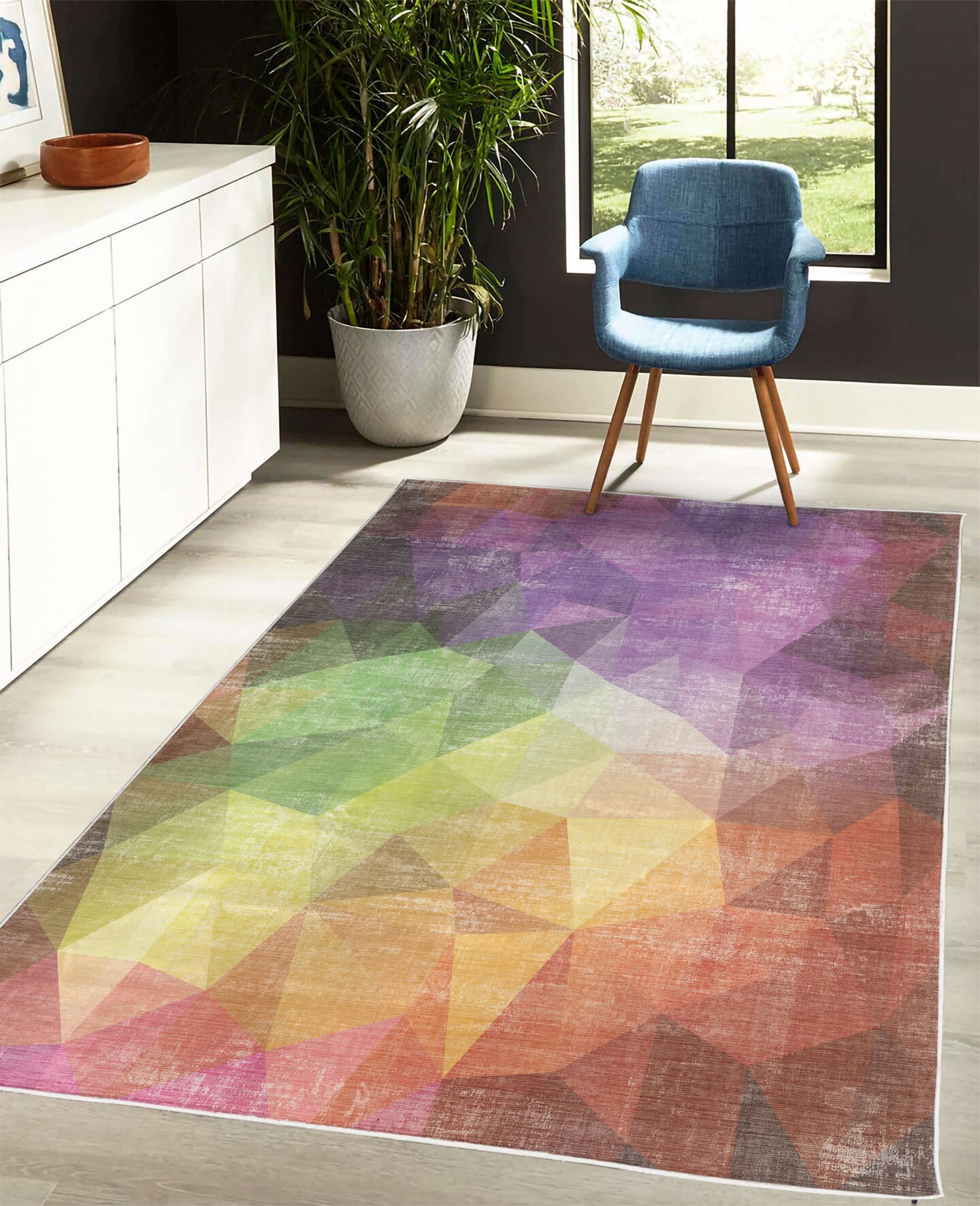 Ambesonne Abstract Decorative Rug, Colorful Geometric Shapes Triangular Polygons Creative and Surreal Style of Print, Quality Carpet for Bedroom Dorm and Living Room, Multicolor
