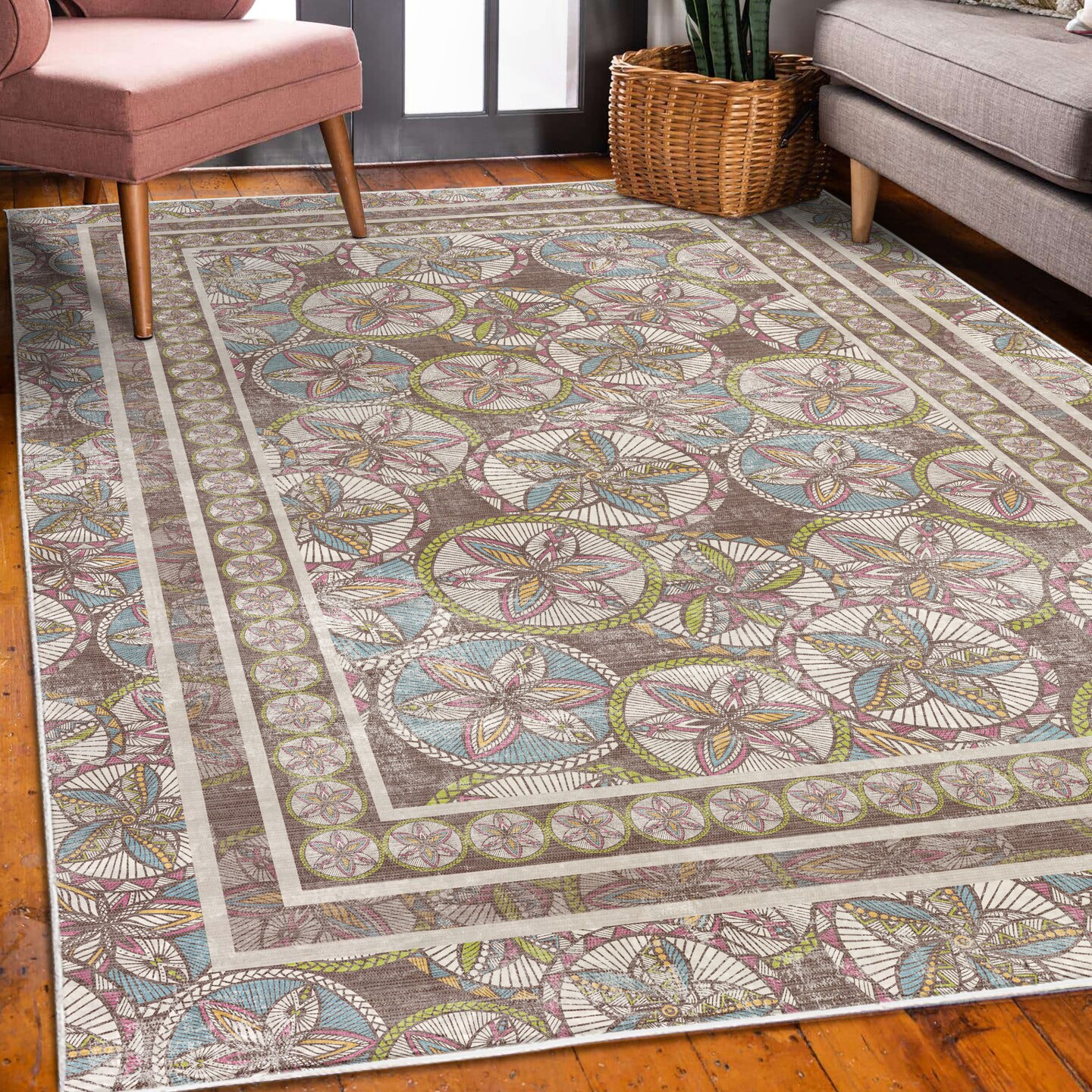 Ambesonne Floral Decorative Rug, Exotic Flower Petals in Rounds Geometric Tropical Jungle Composition, Quality Carpet for Bedroom Dorm and Living Room, Eggplant Blue and Green