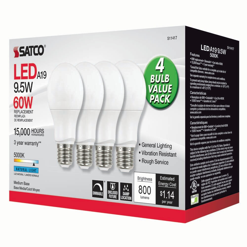 4Pk - Satco 9.5w 120v A19 LED Bulb E26 Base 5000k Natural Light - 60w-equiv