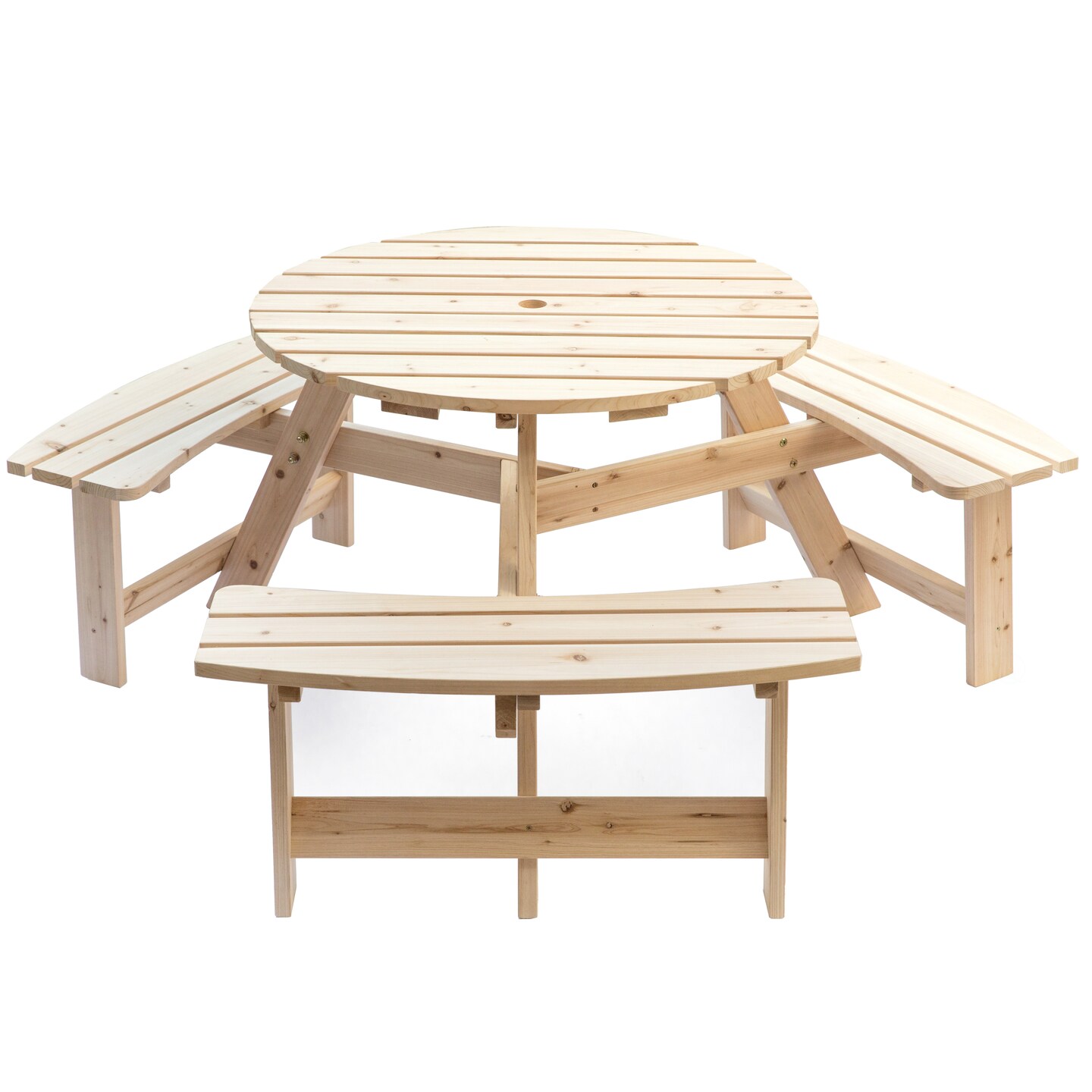 Wooden Outdoor Round Picnic Table with Bench for Patio, 6- Person with Umbrella Hole