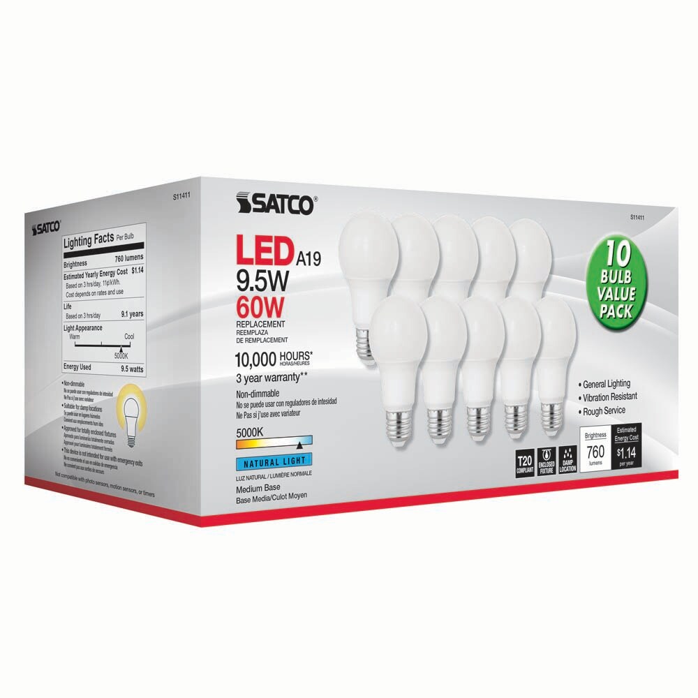 10Pk - Satco 9.5w 120v A19 LED Bulb Frosted E26 Medium Base 5000k - 60w-equiv