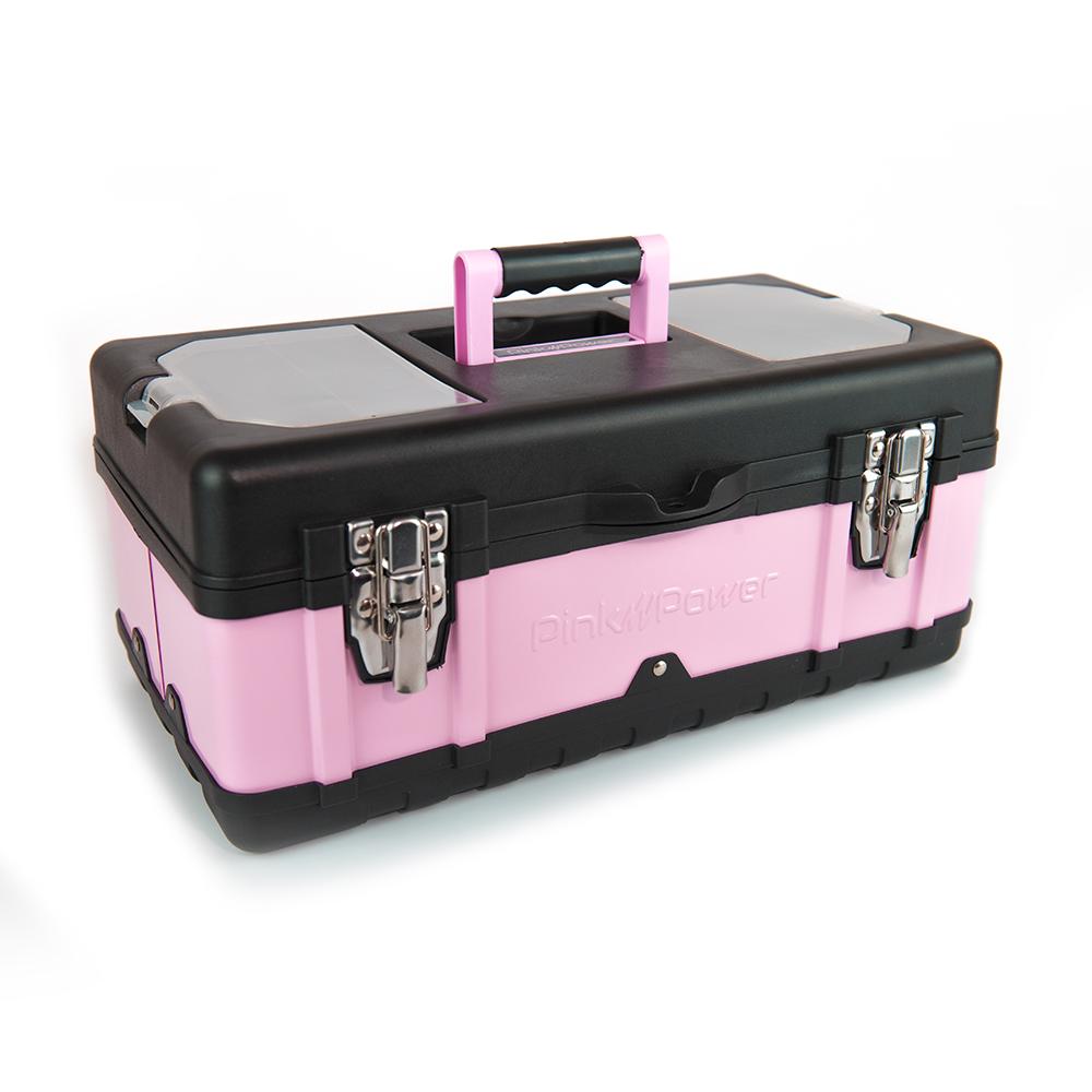 Pink Power Pink Tool Box for Women - 18" Small Metal & Plastic Portable Lightweight Pink Locking Empty Toolbox Chest - Craft Tote Storage Tool Case Organizer for Ladies Pink Tool Set Kit