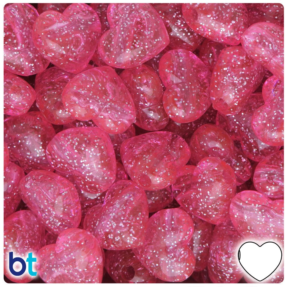 BeadTin Pink Sparkle 18mm Heart Plastic Pony Beads (24pcs)