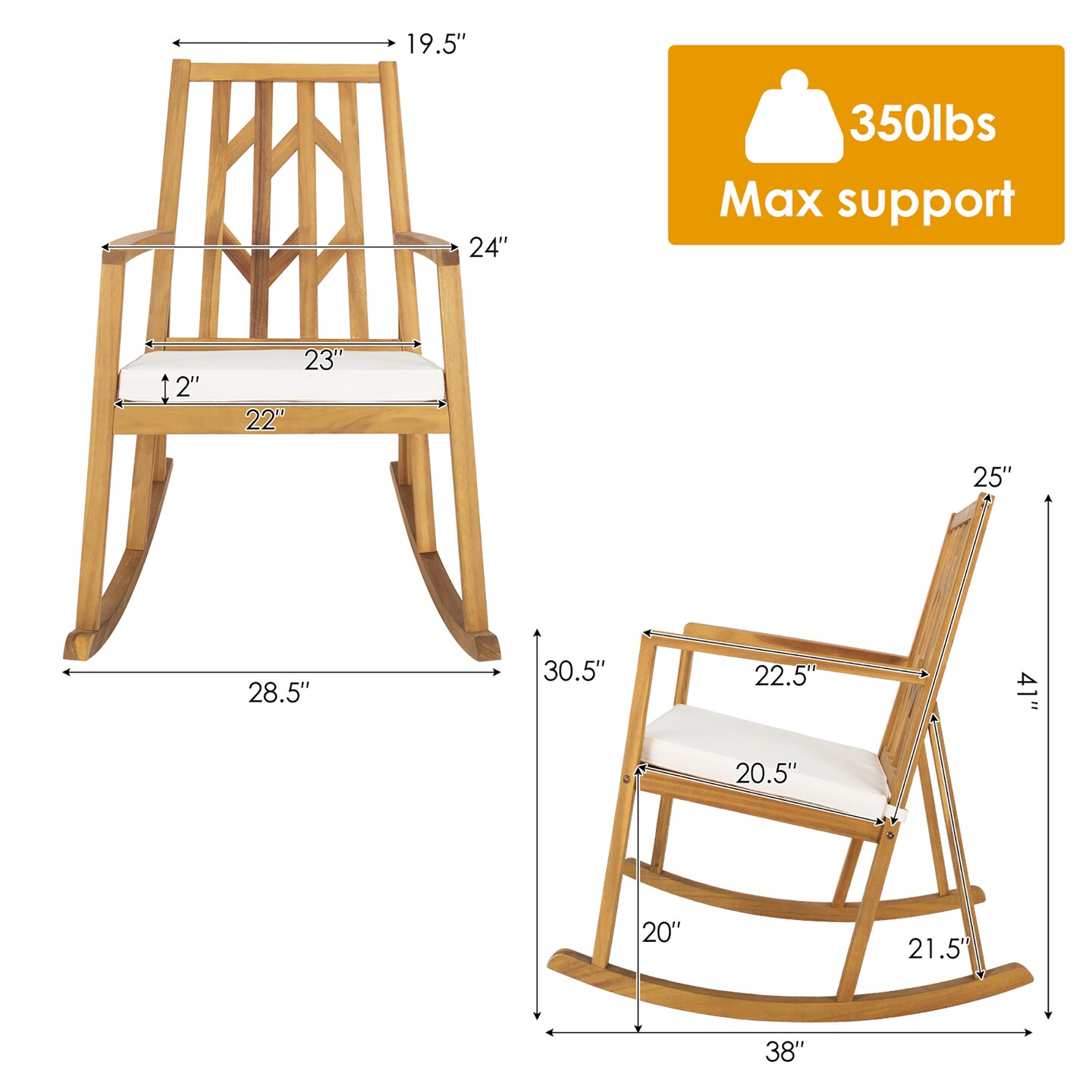 Costway Patio Rocking Chair Acacia Wood Armrest Cushioned Sofa Garden Deck White\Red\Turquoise