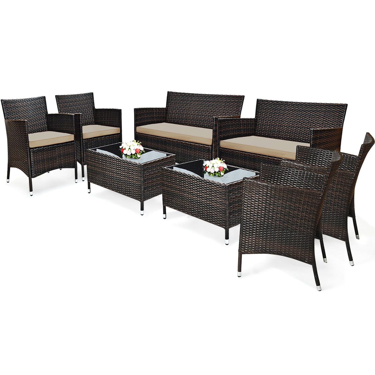 Costway 8PCS Rattan Patio Furniture Set Cushioned Sofa Chair Coffee Table Red\Brown\Turquoise