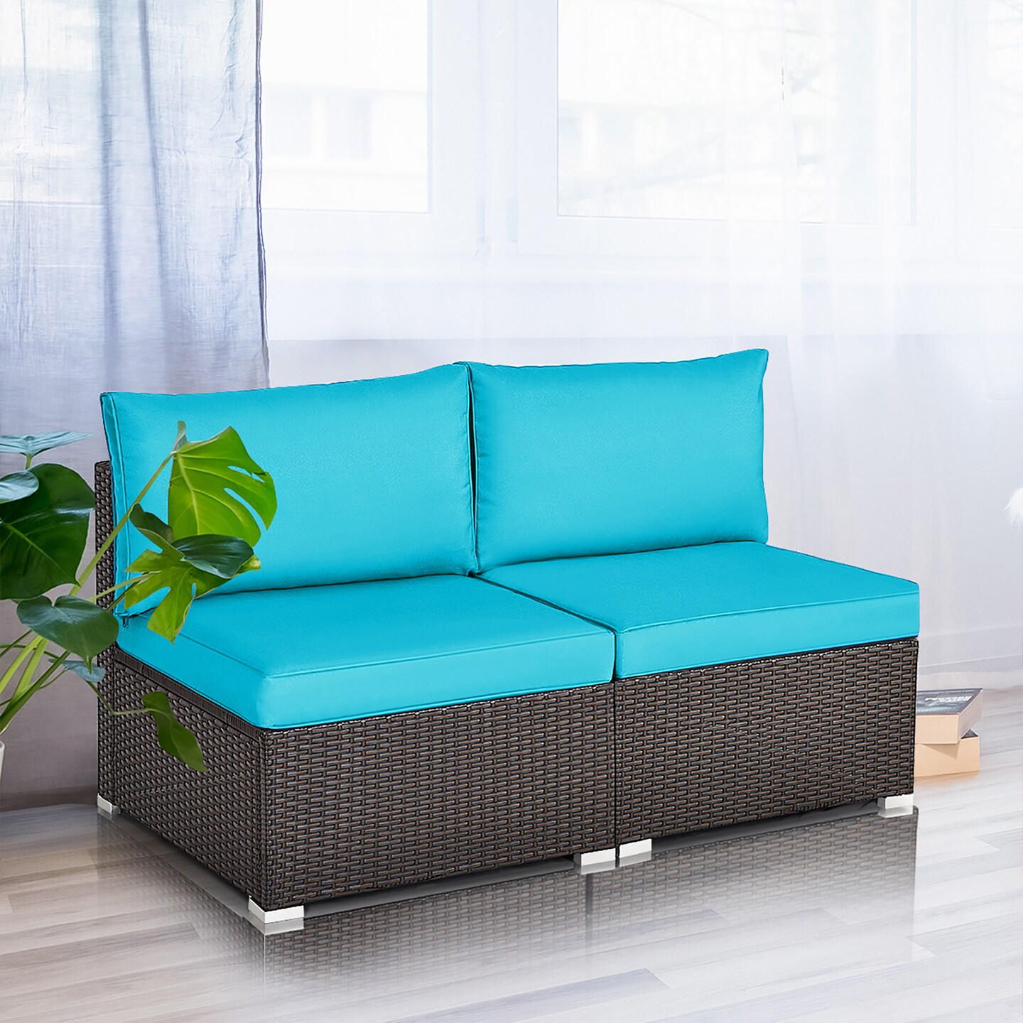 Costway 2PCS Patio Rattan Armless Sofa Sectional Conversation Furniture Set  W/Cushion