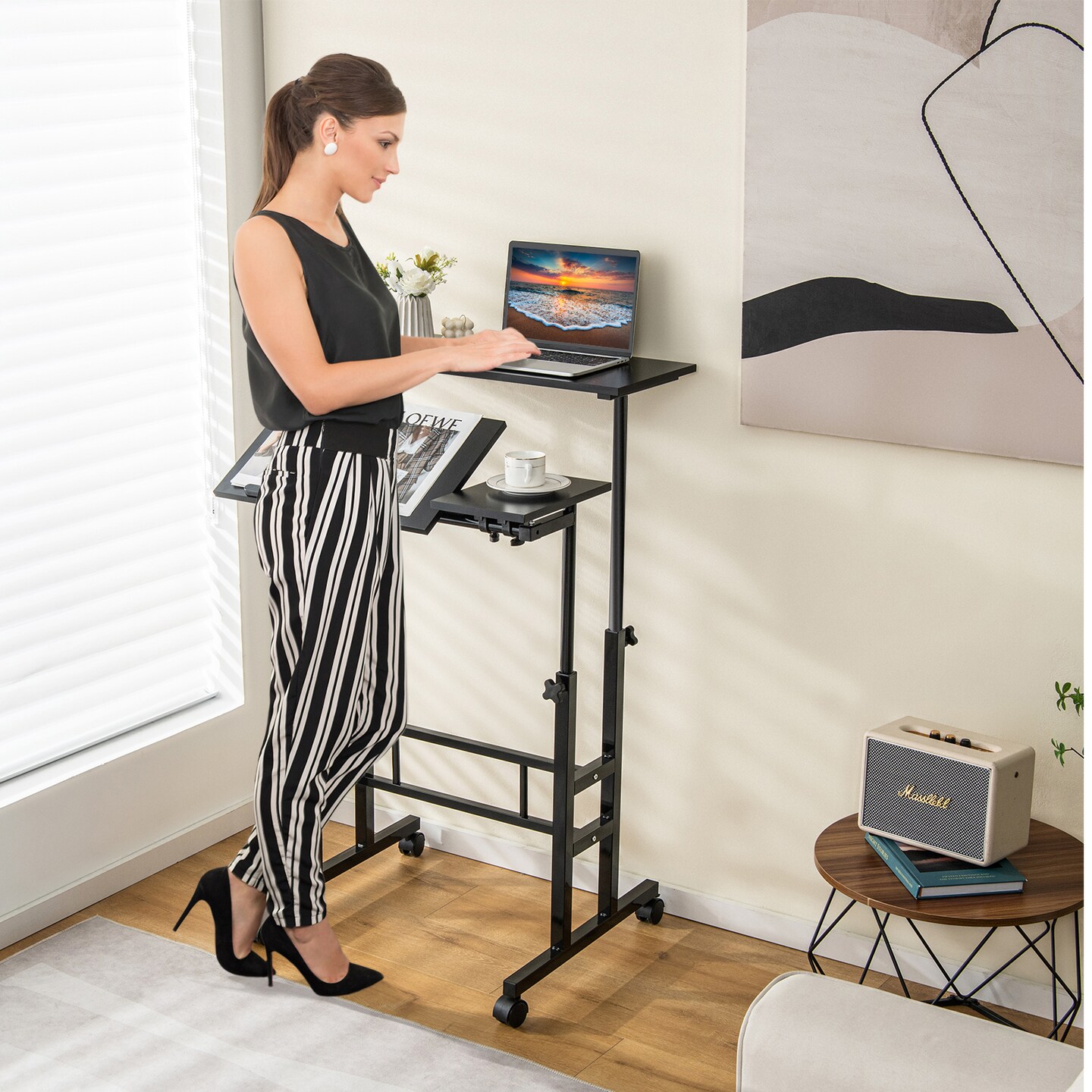 Costway Mobile Stand up Computer Desk Rolling Standing Laptop Cart with 2 Tilting Desktops Sitting Standing Modes Height Adjustable Home Office Black