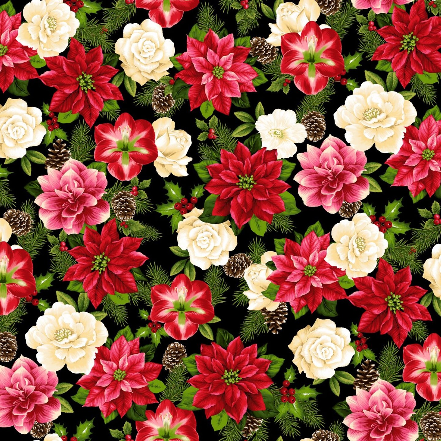 Winter Garden Christmas Flowers Cotton Fabric by Henry Glass