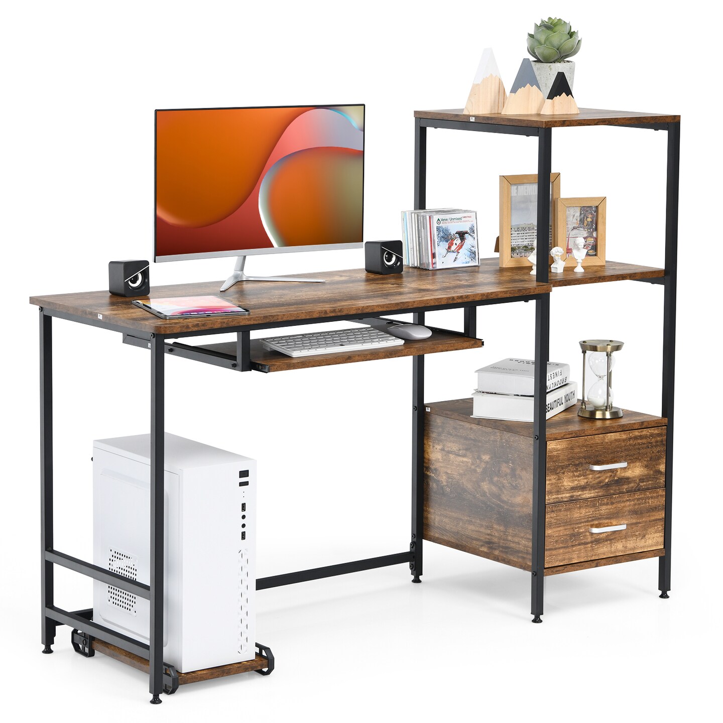 Costway Computer Desk Home Office Desk with Shelves 2 Drawers Keyboard Tray & Movable CPU Stand Study Desk Laptop Table Small Space Rustic Brown