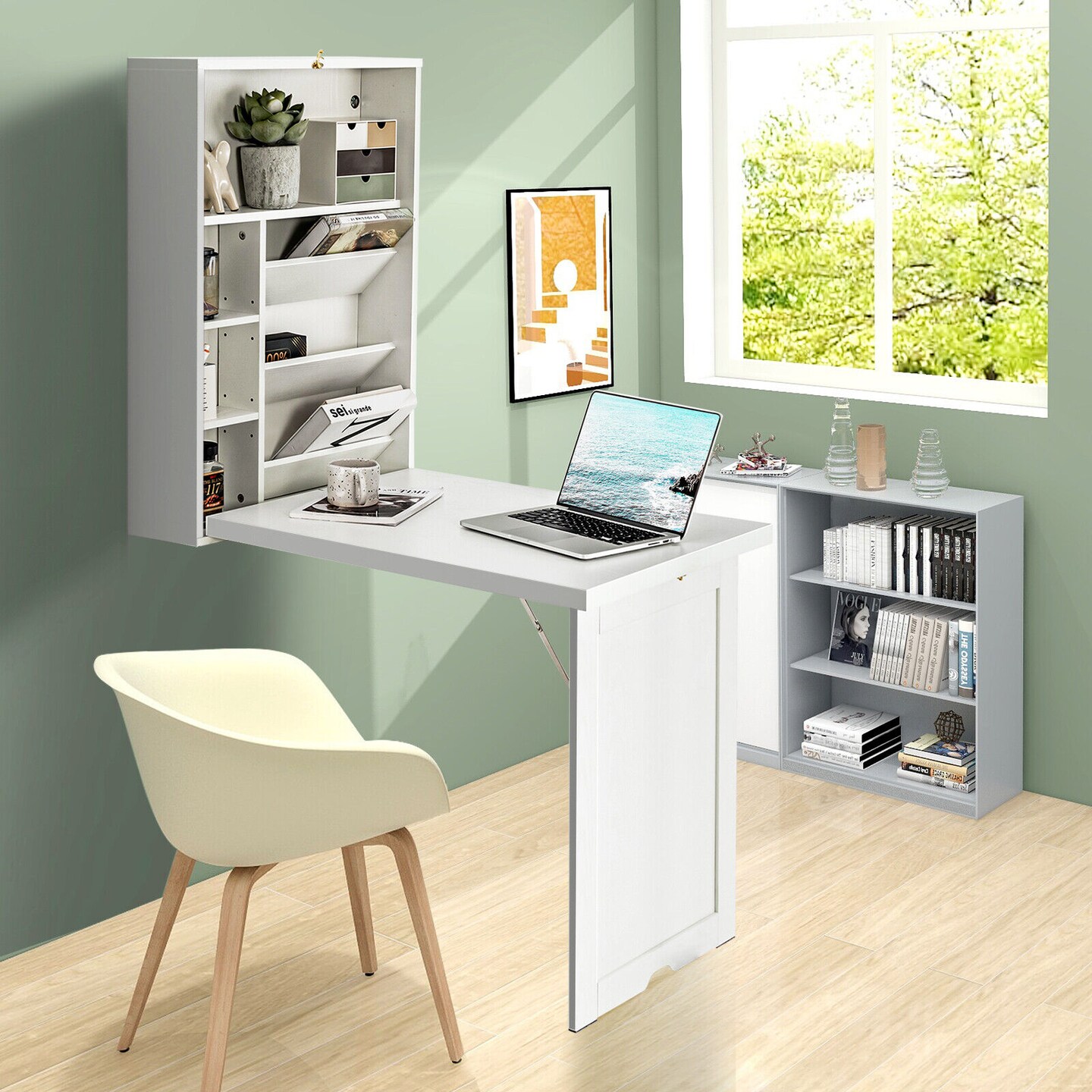 Costway Wall Mounted Computer Convertible Desk Floating Desk w/ Storage Bookcases White