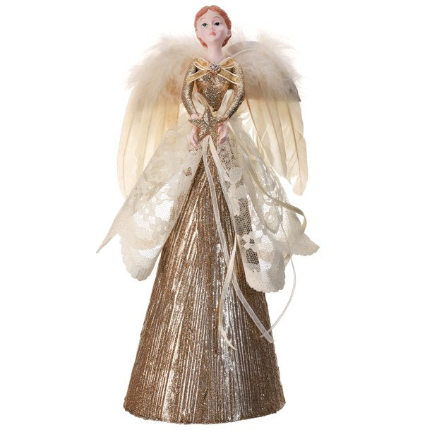 12&#x22; Brown and White Lame Angel Holding Star &#x2013; Delicate Christmas Figure
