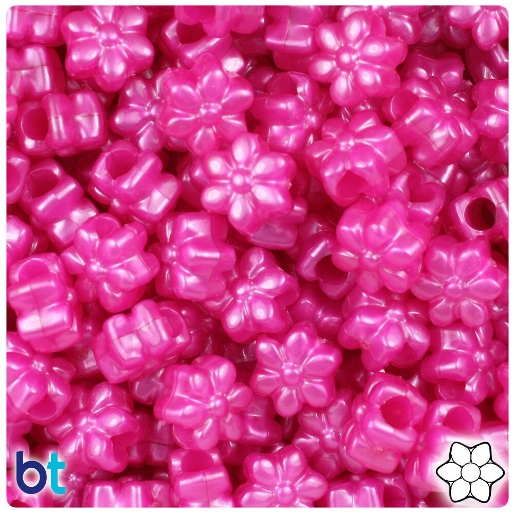 BeadTin Hot Pink Pearl 13mm Flower Plastic Pony Beads (250pcs)