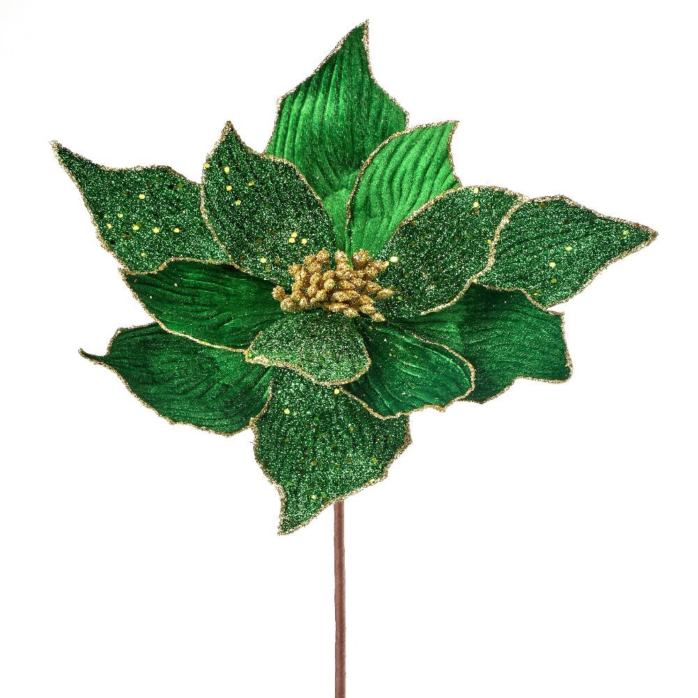 24&#x22; Green Velvet Poinsettia Flower with Beaded Accents &#x2013; Christmas Flower Decoration