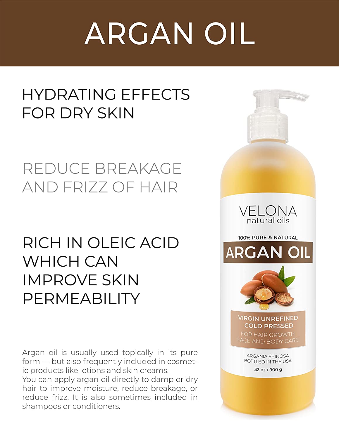 velona Argan Oil - 32 oz (With Pump) | 100% Pure and Natural | Morocco Oil | Stimulate Hair Growth, Skin, Body and Face Care | Nails Protector | Unrefined, Cold Pressed | Cap Kit…