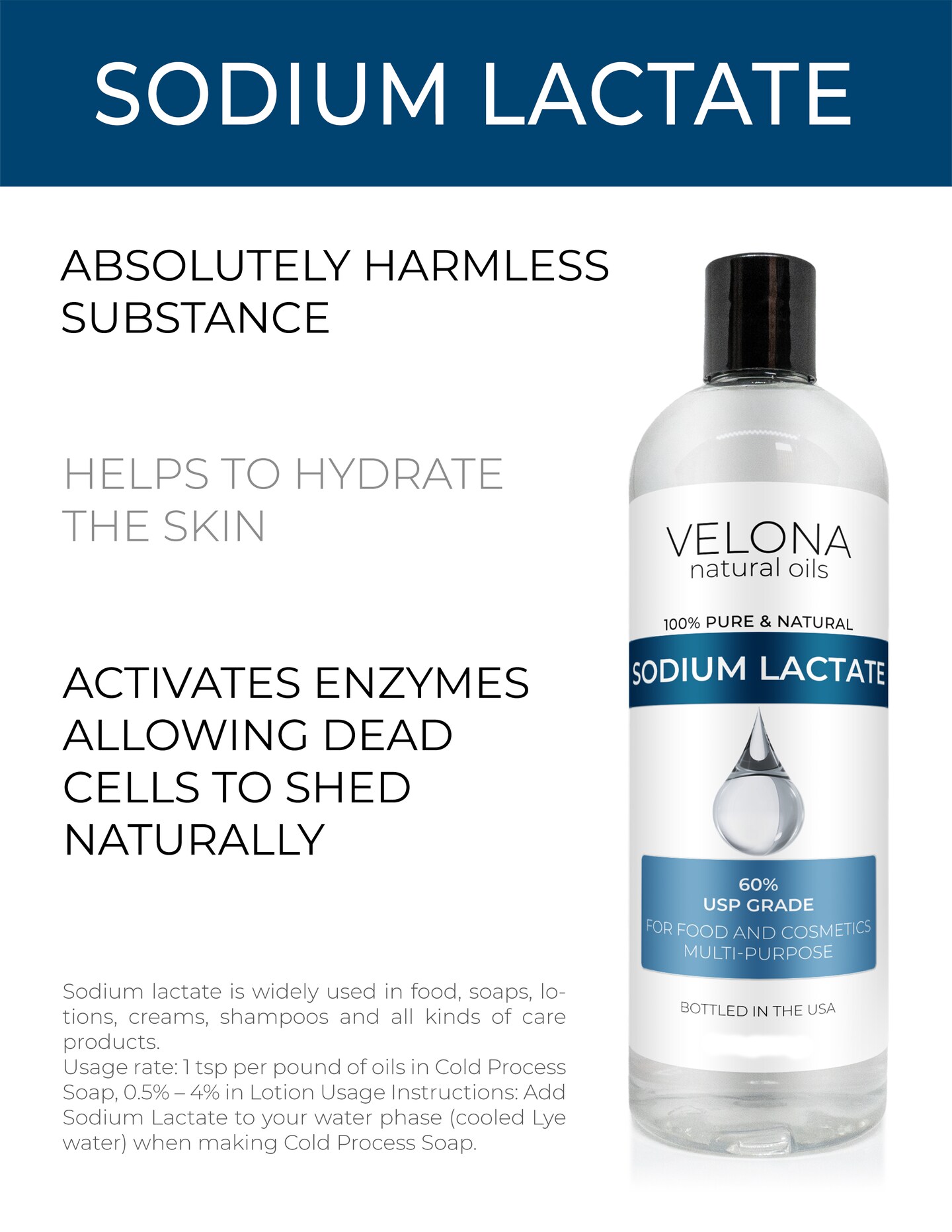 Velona Sodium Lactate 60% - 32 oz, USP Grade Natural Preservative, For Soap  Making & Lotions, Harder Bar of Soap, pH Regulator, Glycerin substitute,  Provides and Keep Moisture