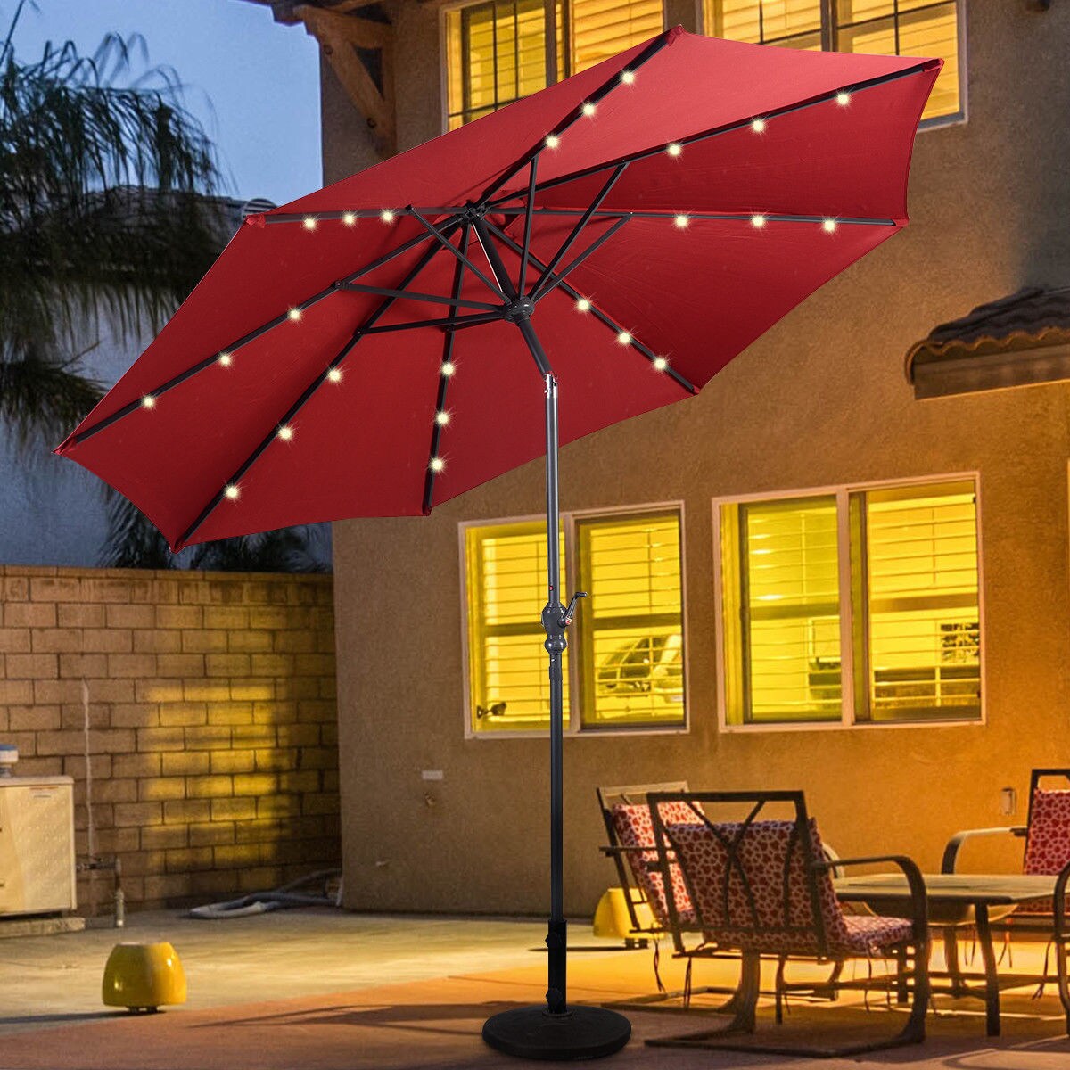 Costway 10ft Patio Solar Umbrella LED Patio Market Steel Tilt W/ Crank (Burgundy)