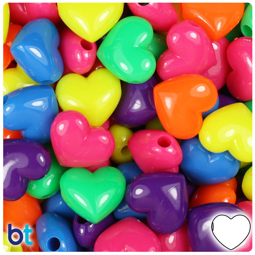 BeadTin Neon Bright Mix 18mm Heart Plastic Pony Beads (24pcs)