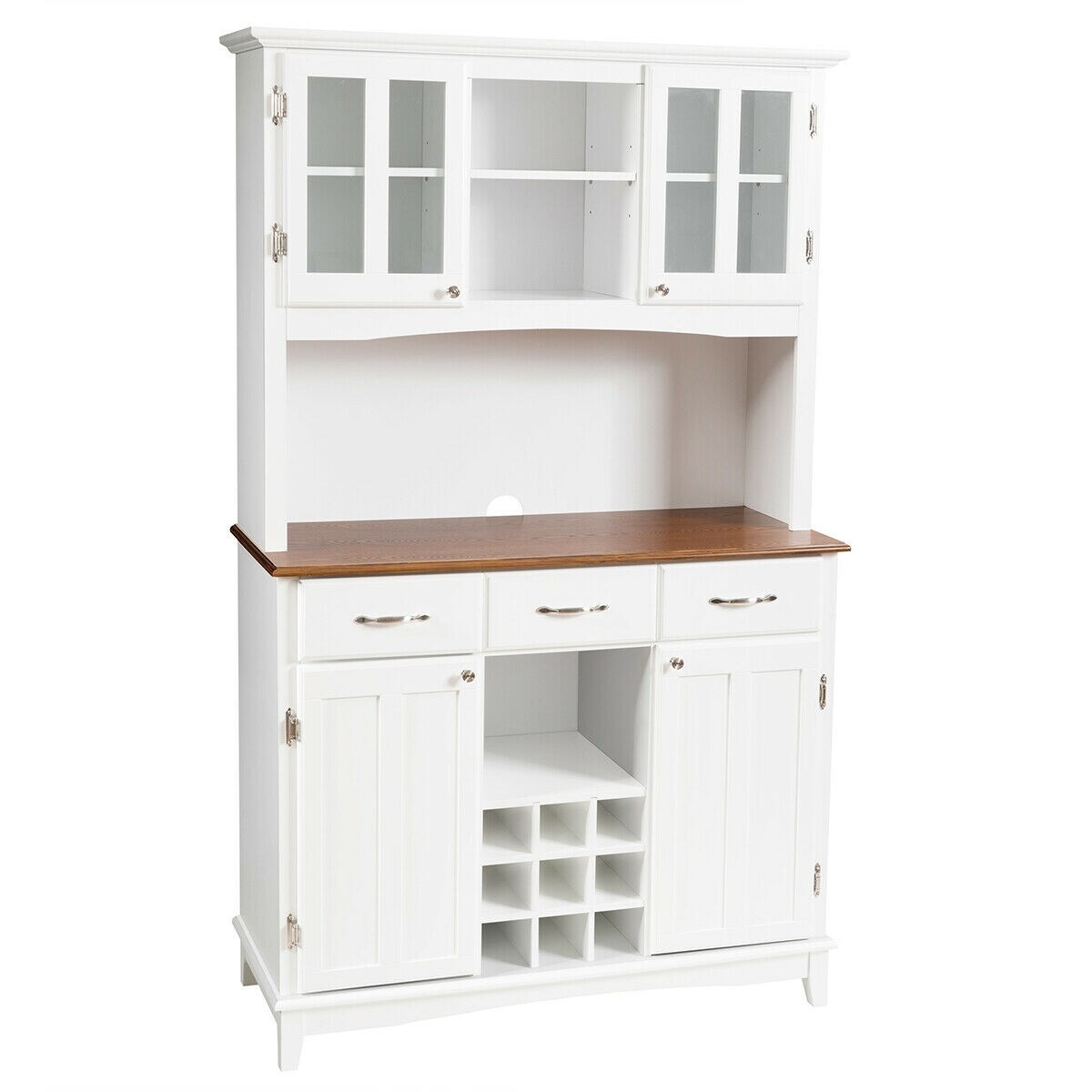 4 Door Buffet Hutch with Adjustable Shelves Drawers and Wine Storage White