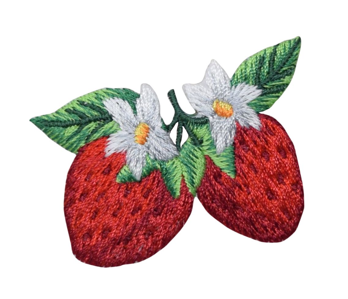 Two Strawberries with White Blossoms, Fruit, Embroidered, Iron on Patch