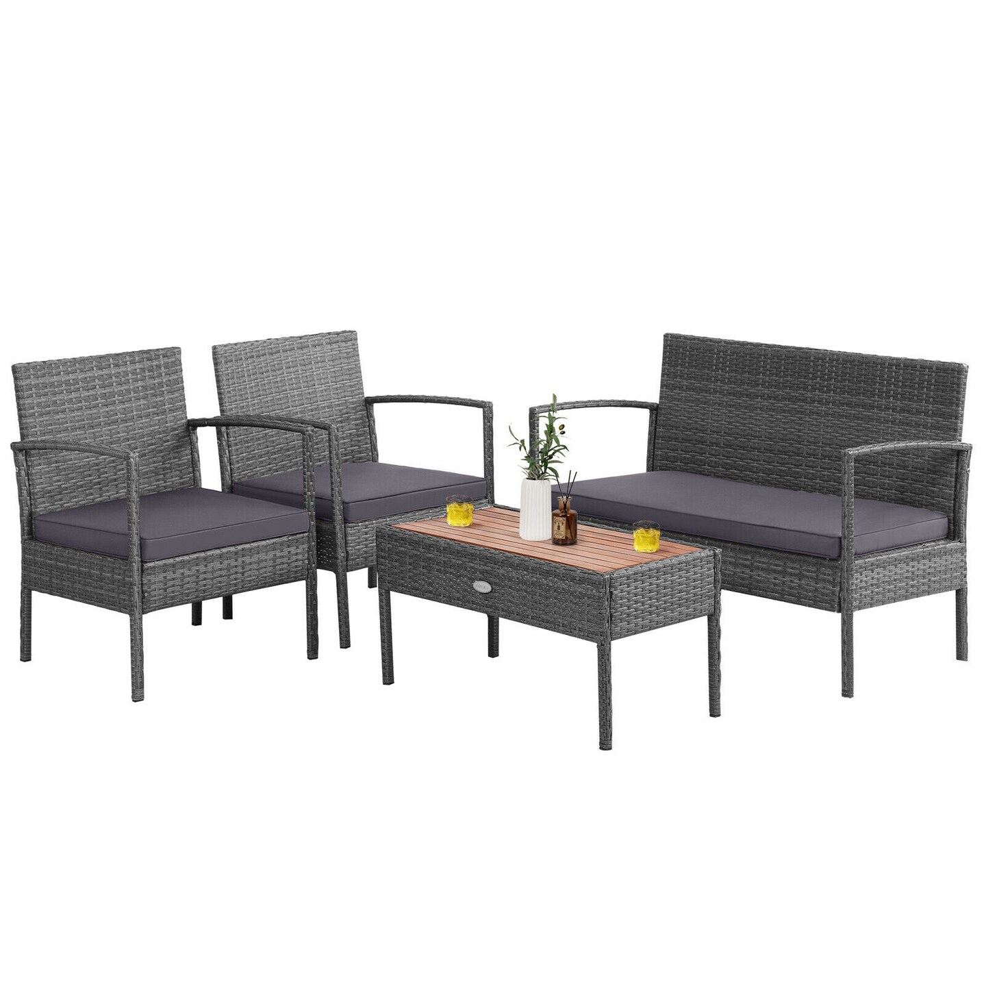Gray Rattan Patio Set 4-Piece Steel Frame Loveseat Single Sofas Coffee Table
