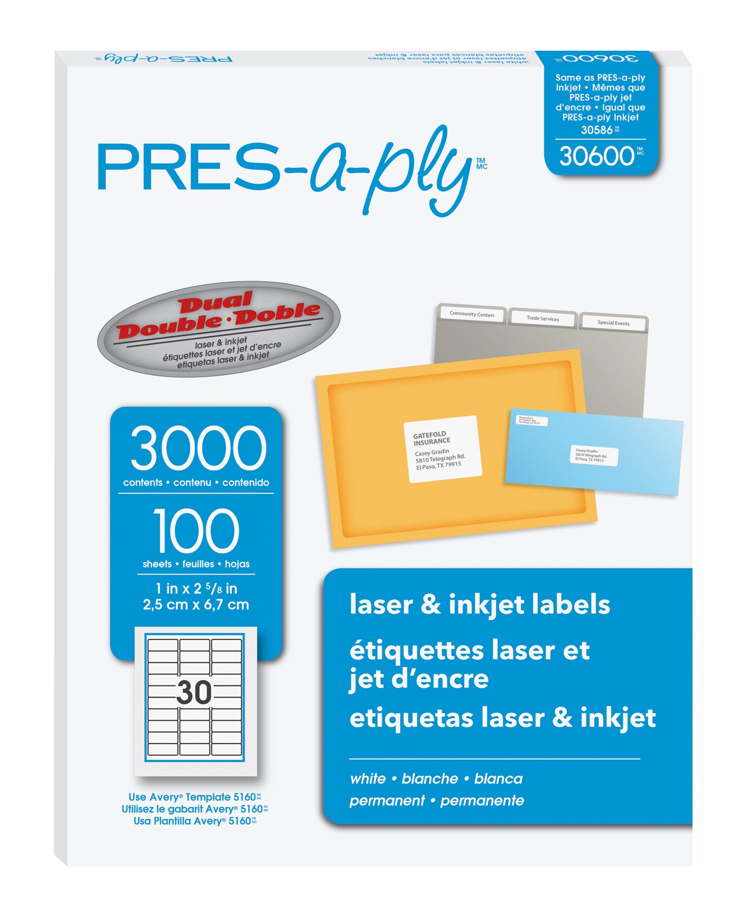 PRES-a-ply White Labels, 1&#x22; x 2-5/8&#x22;, Permanent-Adhesive, 30-up, 3000 labels