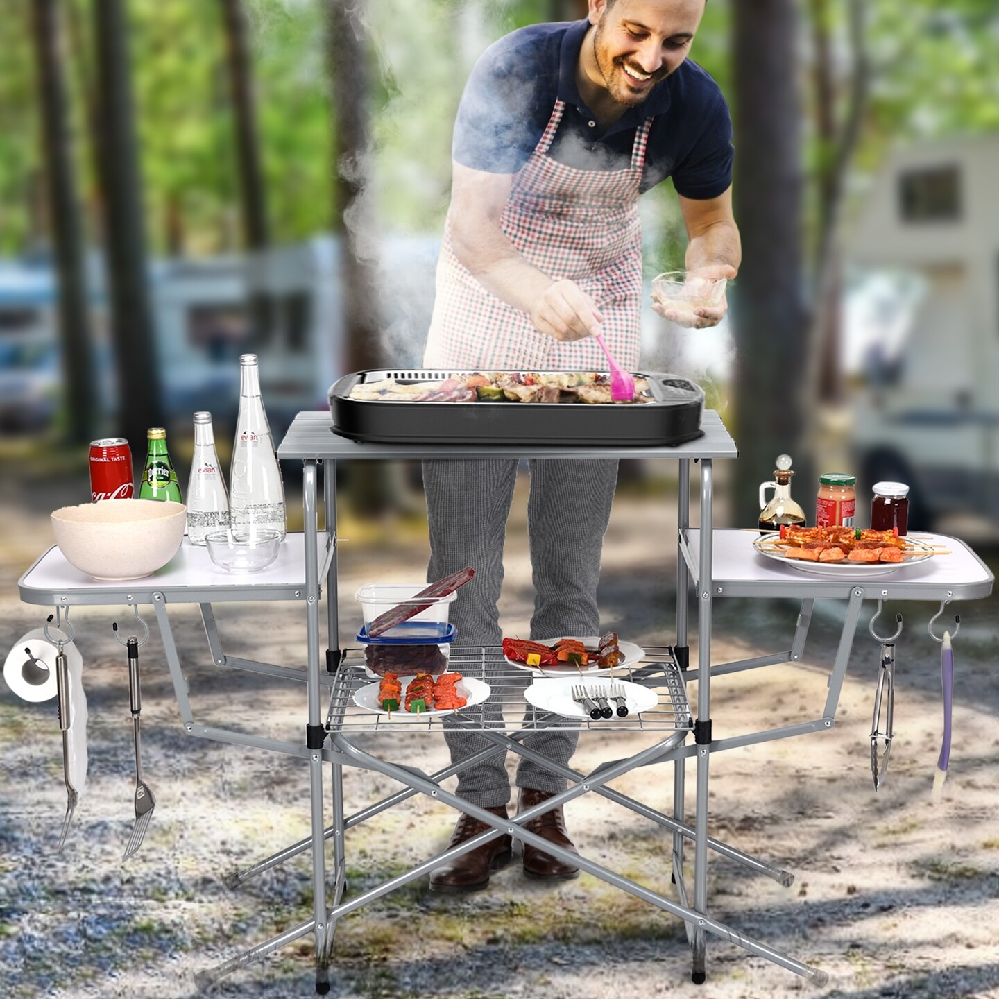 Fold-able Outdoor BBQ Table Grilling Stand with Steel Frame and Paper Towel Holder