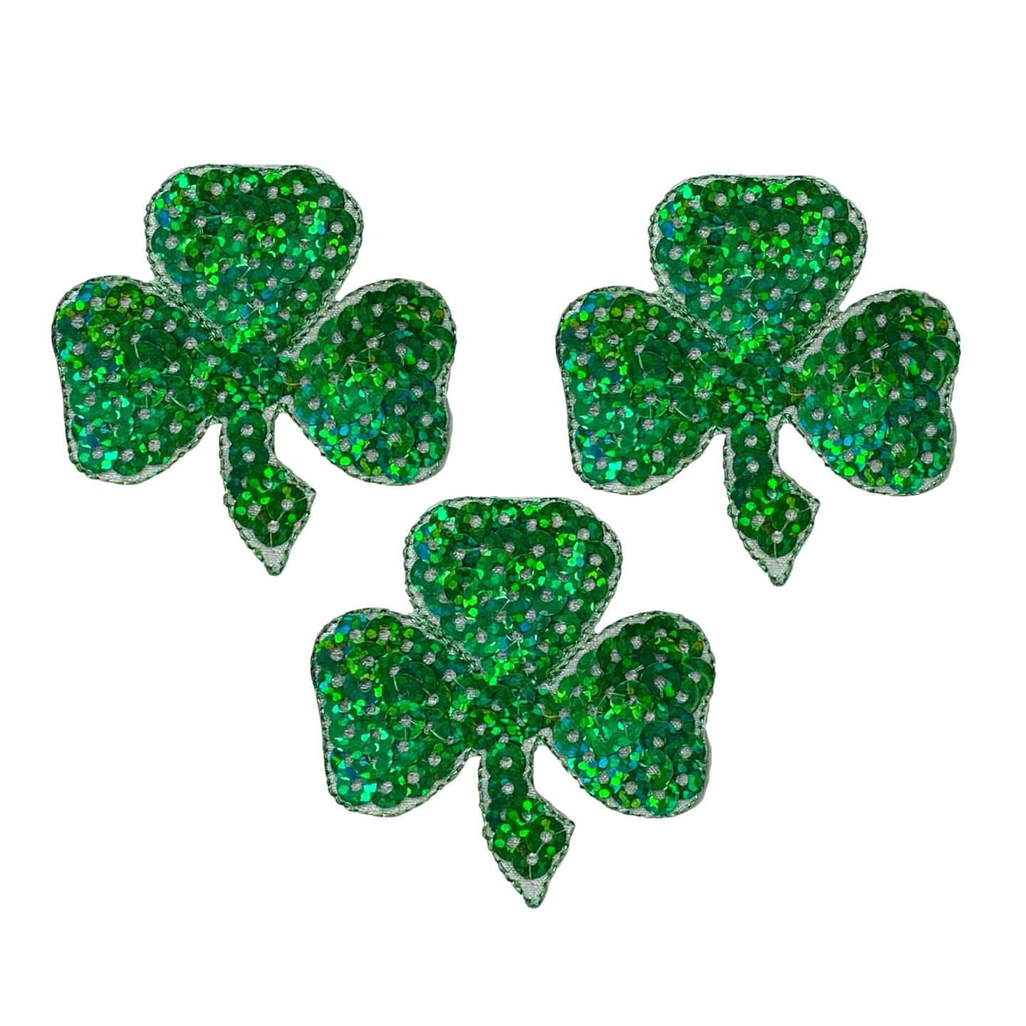 Set of 3, 2" Green Sequin Shamrock, Clover, Embroidered, Iron on Patch