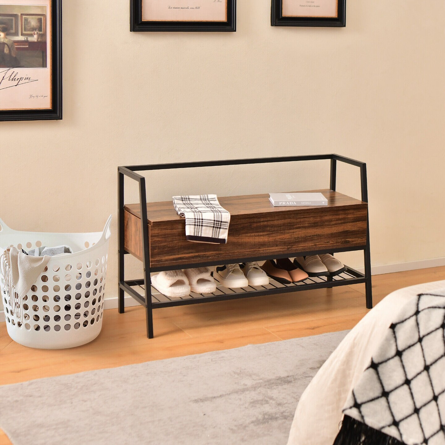 Rustic Brown Industrial Shoe Bench with Storage Space and Metal Handrail