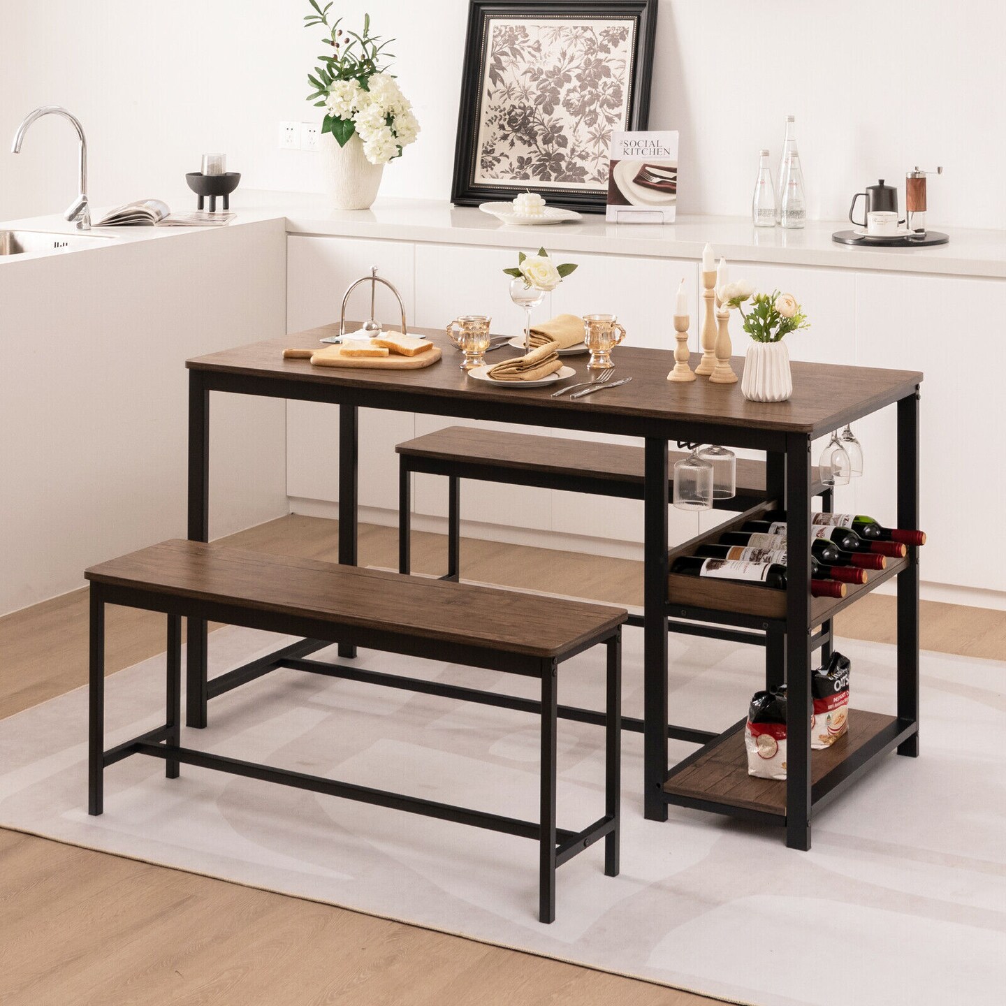 3 Piece Dining Table Set with Wine Rack and Storage Shelf Coffee Black