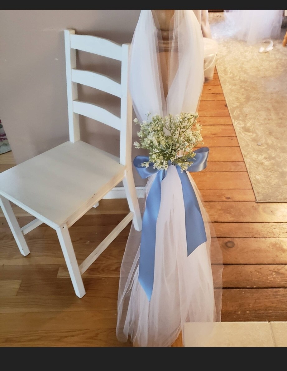 Wedding pew decor, babies breath , dusty blue | MakerPlace by Michaels, image size:837x1080