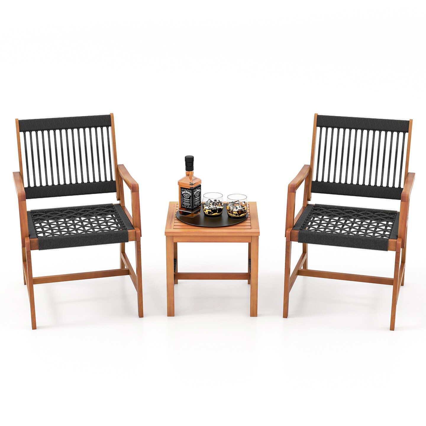 Patio Conversation Set 2 Chairs 1 Table Black Natural Acacia Wood Rope Design