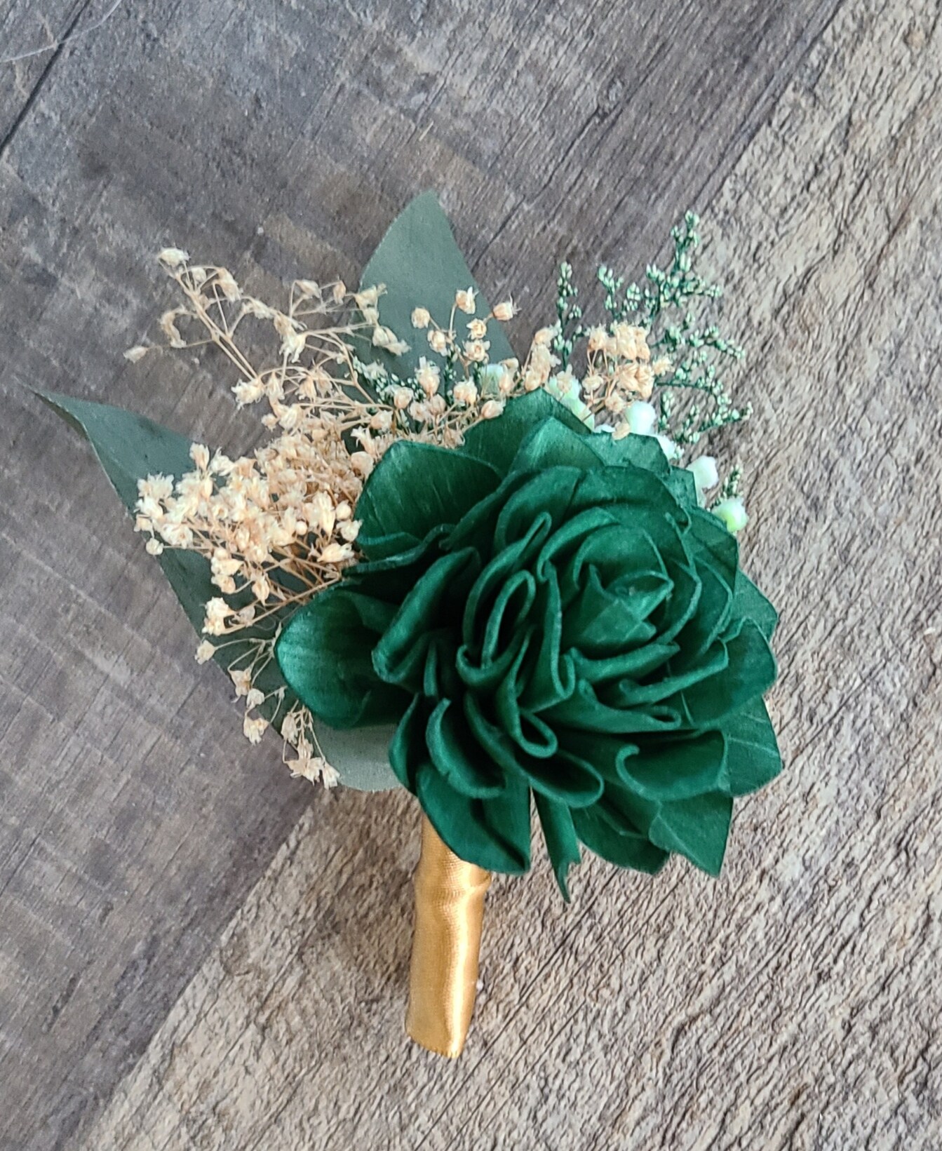 Dark Hunter Green and Gold Wood Flower Boutonniere