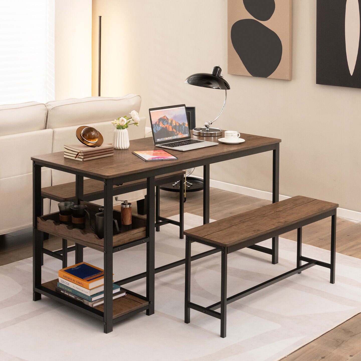 3 Piece Dining Table Set with Wine Rack and Storage Shelf Coffee Black