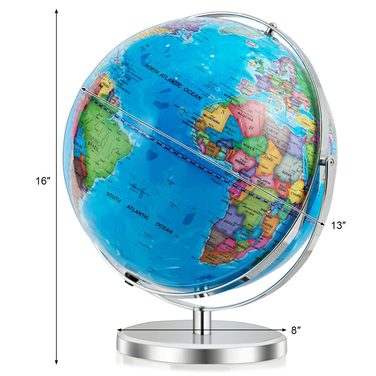 13&#x22; Illuminated World Globe 720&#xC2;&#xB0; Rotating Map with LED Light