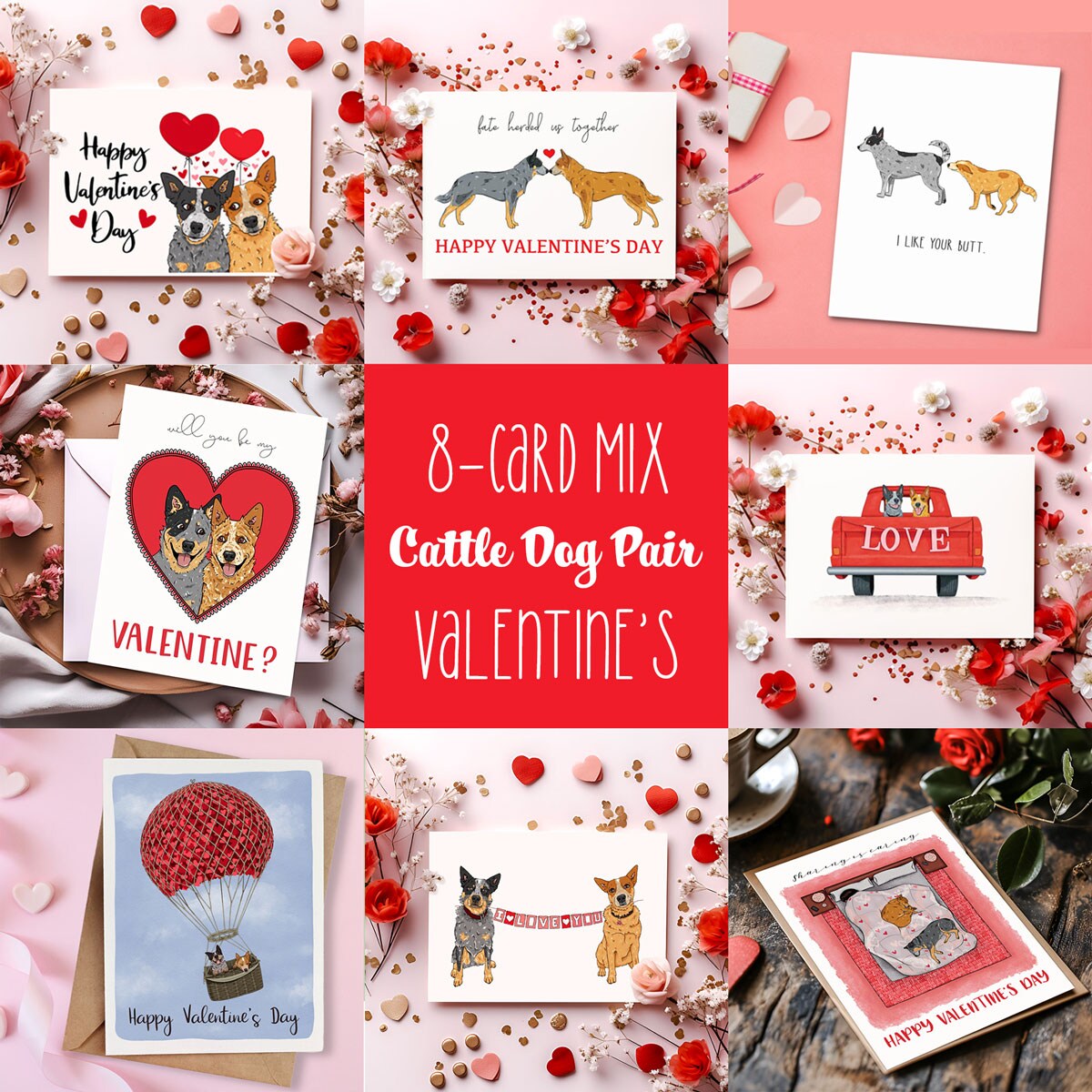 Blue and Red Heeler Cattle Dogs, Valentine's Day Cards, 