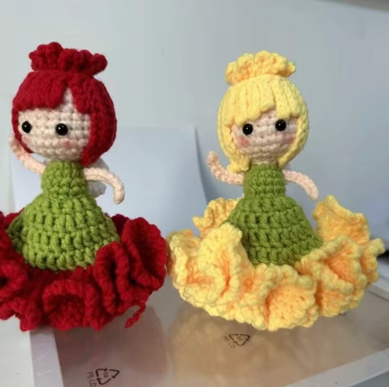 product name is Handcrafted Reversible Carnation-to- Flower Fairy Crochet Doll - Dual-Sided Crochet Flower , Gift for Mother's Day, Graduations, Lover