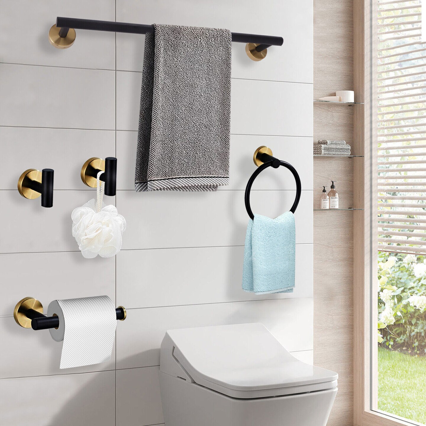 Kitcheniva Stainless Steel 5-Piece Bathroom Towel Rack Black and Gold