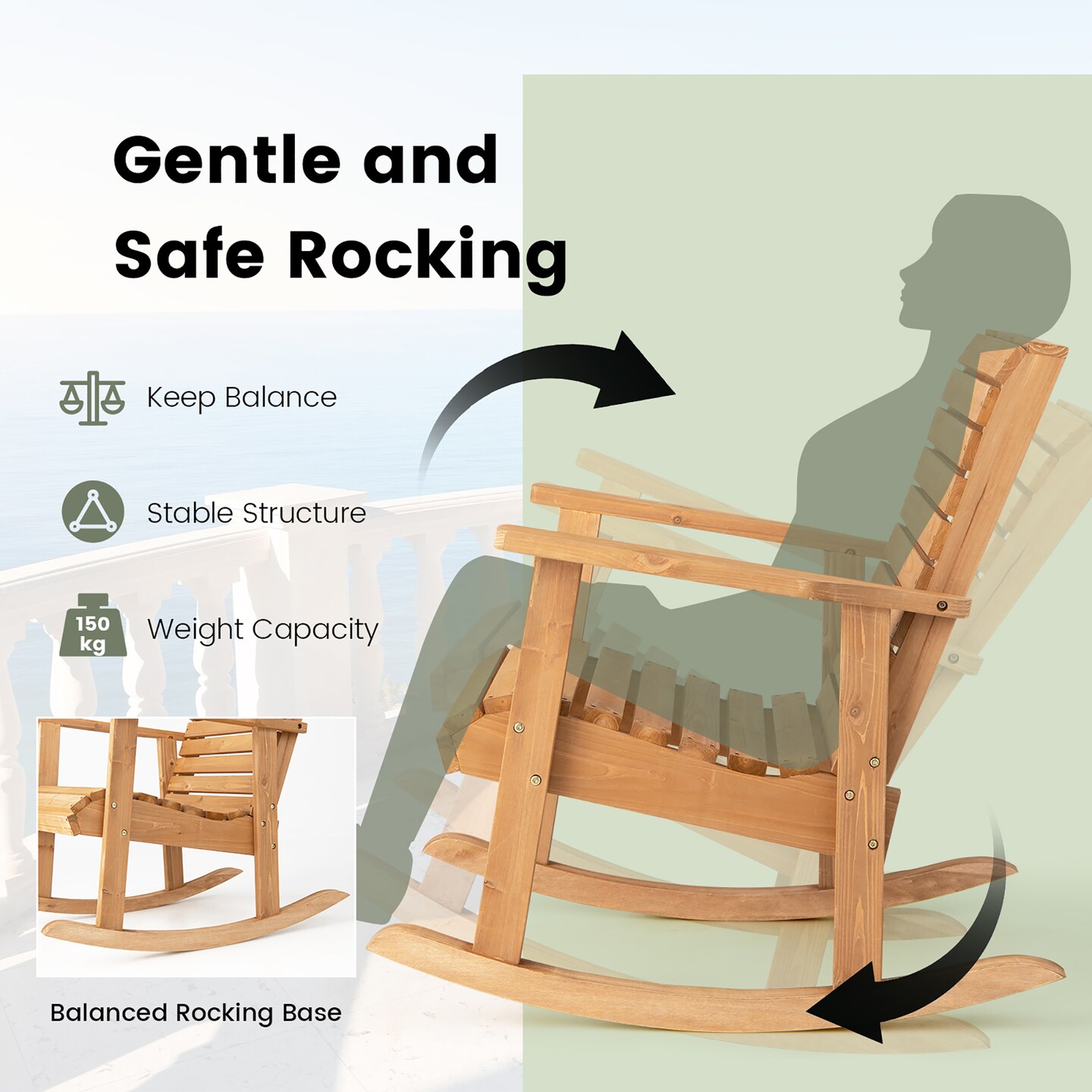 Costway Patio Wooden Rocking Chair High Back Fir Wood Armchair Natural Garden Yard