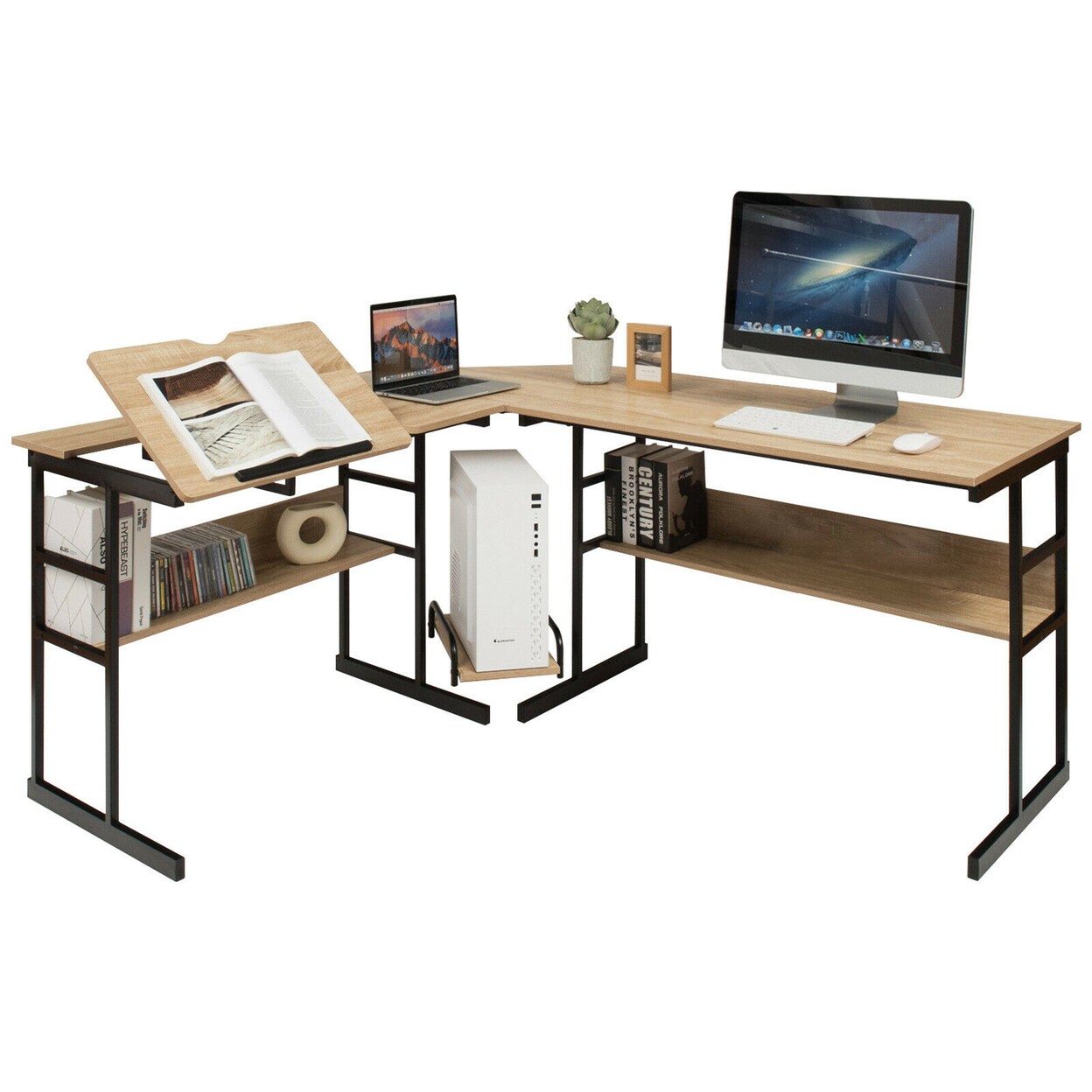 L-Shaped Computer Desk Drafting Table Workstation W/ Tiltable Tabletop