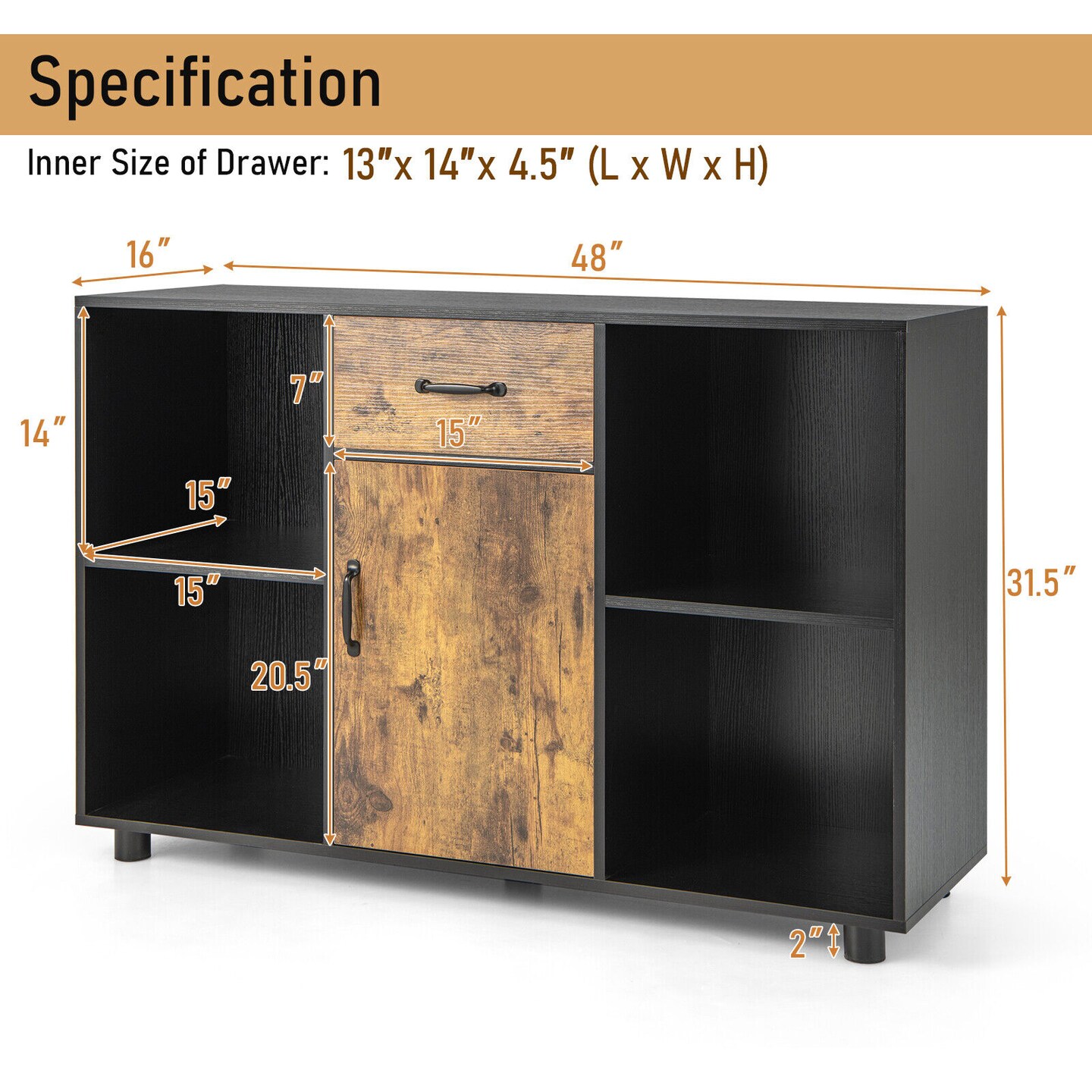 Industrial Kitchen Sideboard with Cabinet Drawer and Open Shelves Rustic Brown Black