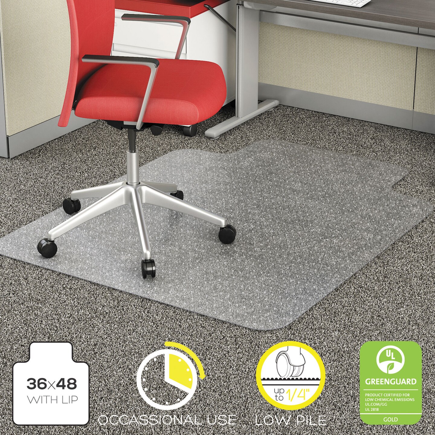 Deflecto EconoMat Occasional Use Chair Mat, Low Pile Carpet, Roll, 36 x 48, Lipped, Clear