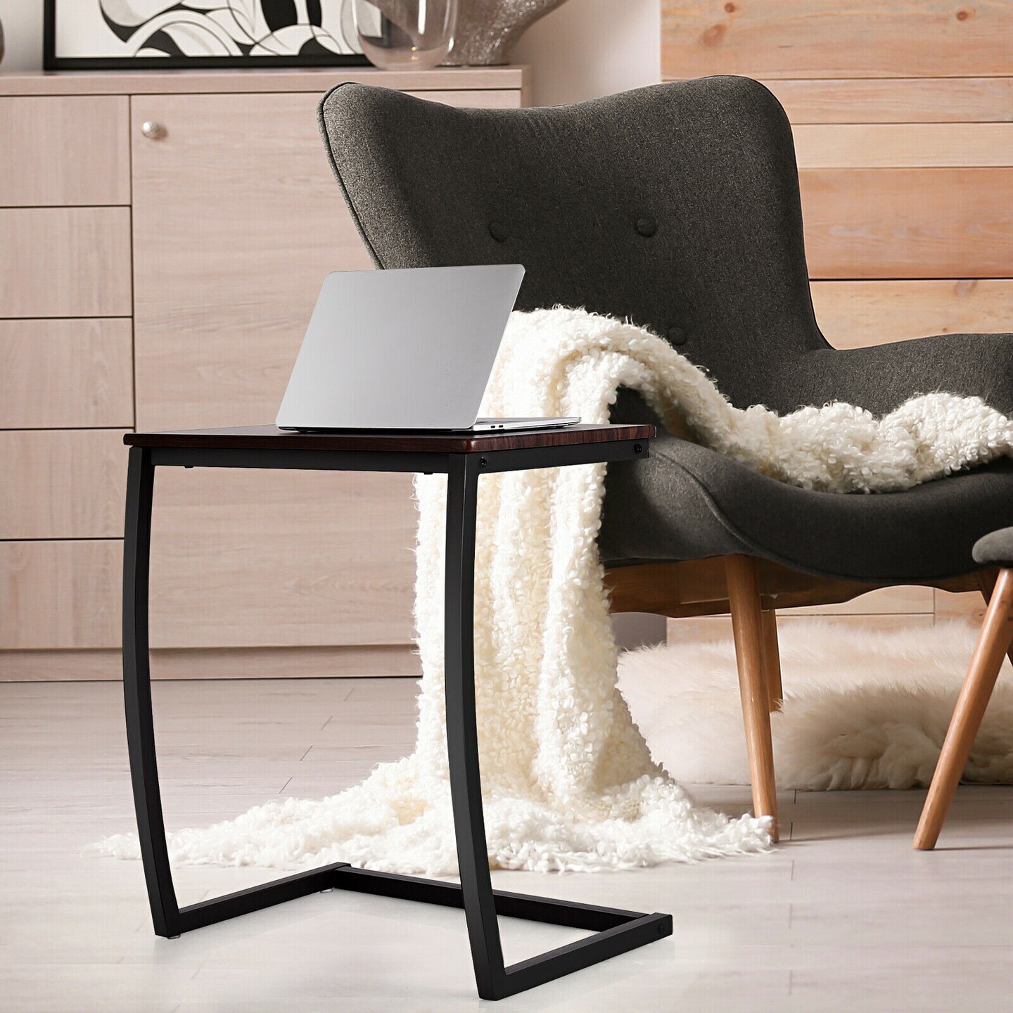 C-shaped Sofa Side End Table with Black Steel Tube Frame