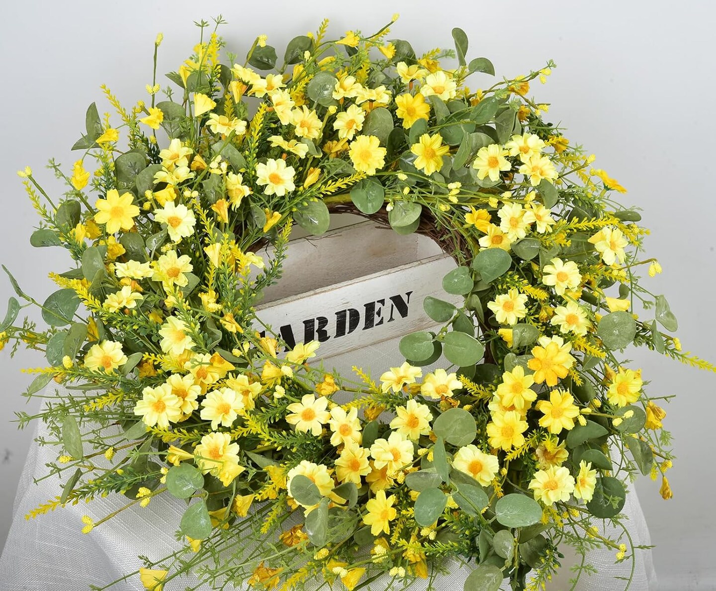 24 Inch Spring Wreath Yellow Daisy with Eucalyptus Wreath for Front Door