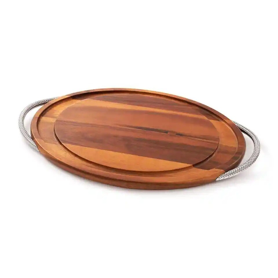 Nambe Braid Collection 24&#x201D; L Acacia Wood Carving Board with Chrome Plate Handles