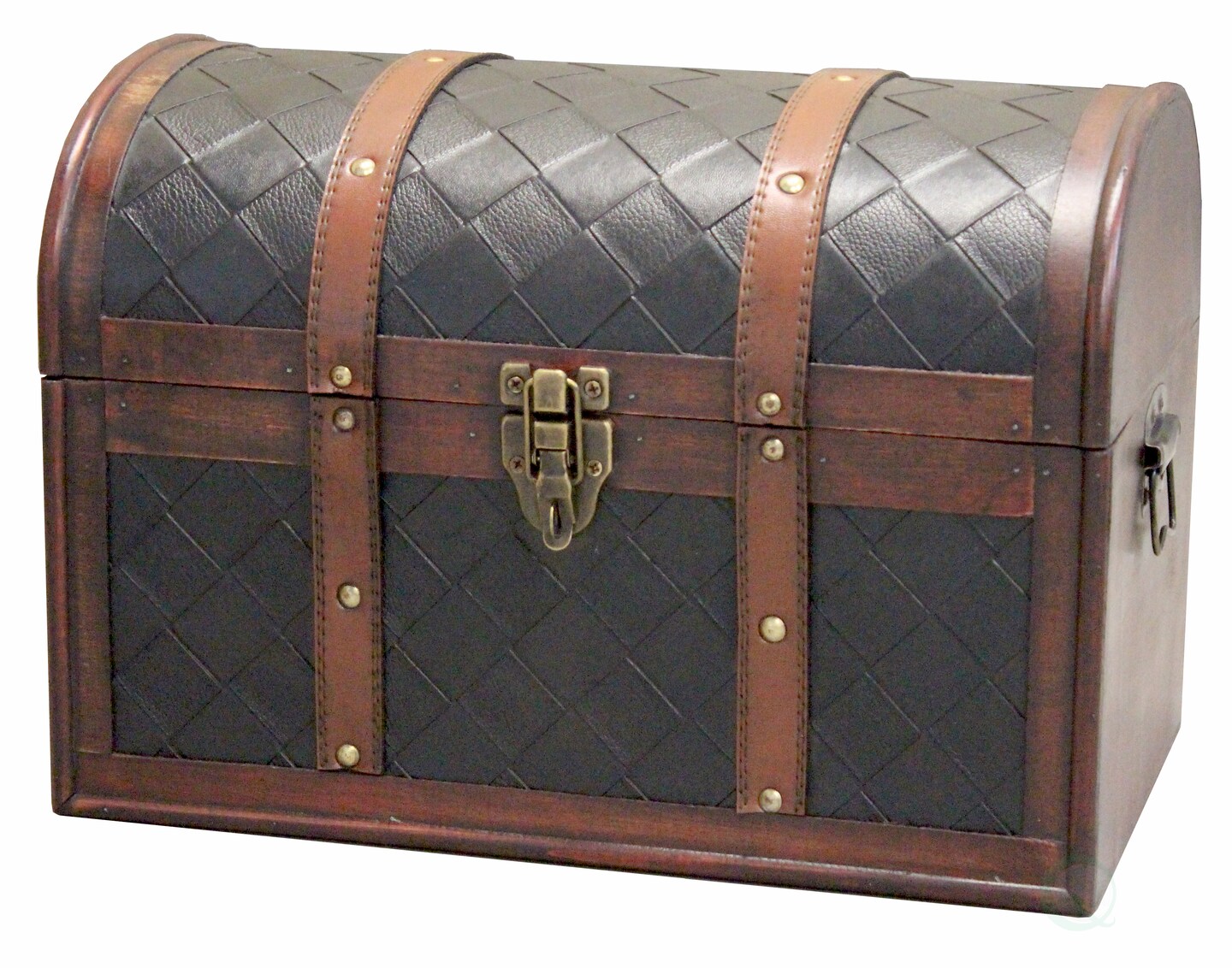Wooden Leather Round Top Treasure Chest Decorative Storage Trunk With 