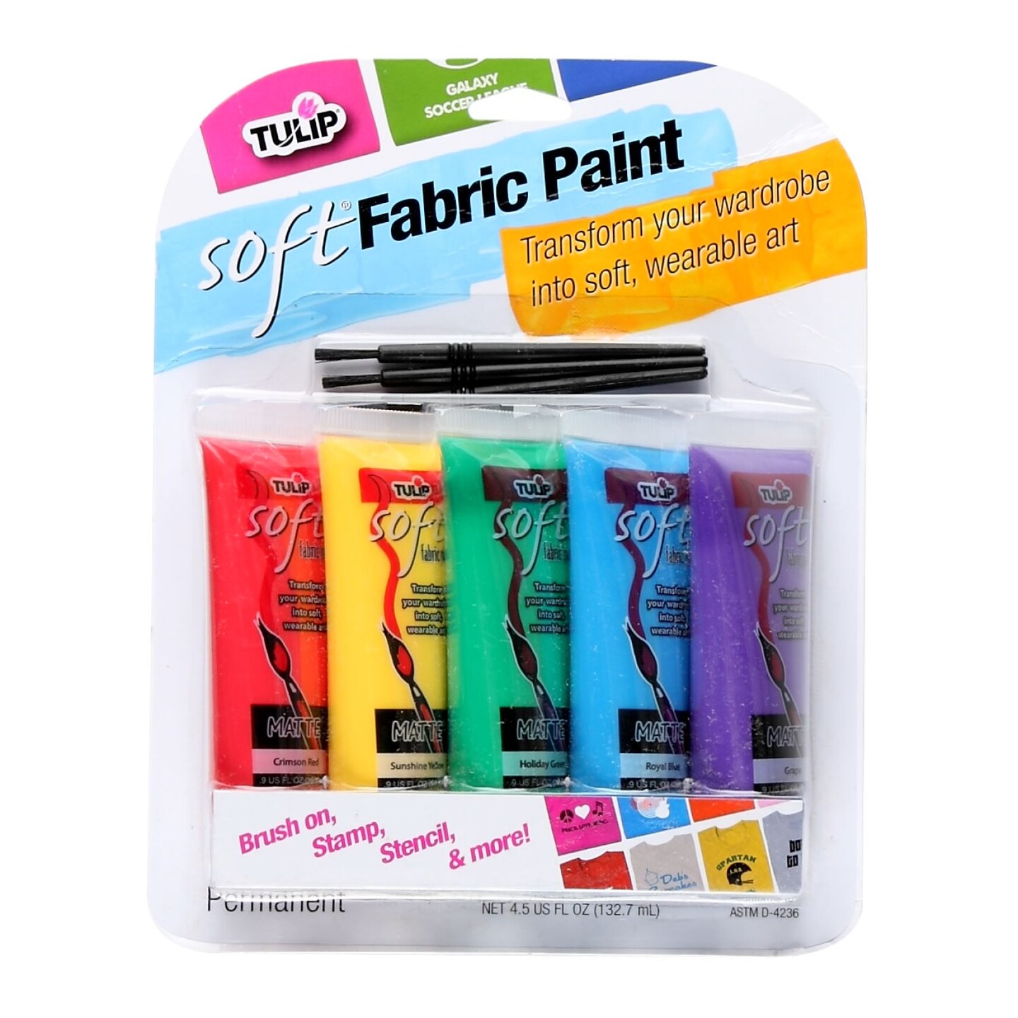 Brush-On Fabric Paint Squeezable Tube 5 Pack