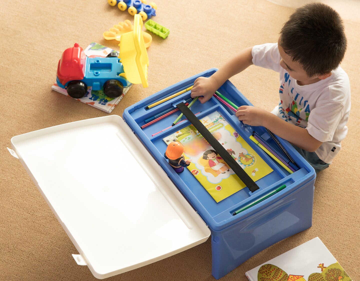 Kids Portable Fold-able Plastic Lap Tray, Blue and White