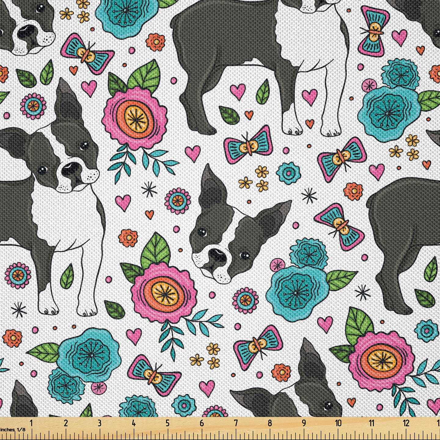 Ambesonne Dogs Fabric by The Yard, Boston Terriers and Colorful Flowers Blossoming Springtime Theme with Butterflies, Decorative Satin Fabric for Home Textiles and Crafts, 3 Yards, Grey Aqua