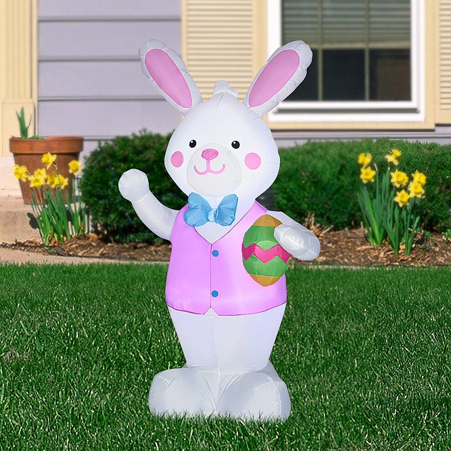 4&#x27; Gemmy Airblown Inflatable Easter Bunny Pink Vest Holding Egg 44335