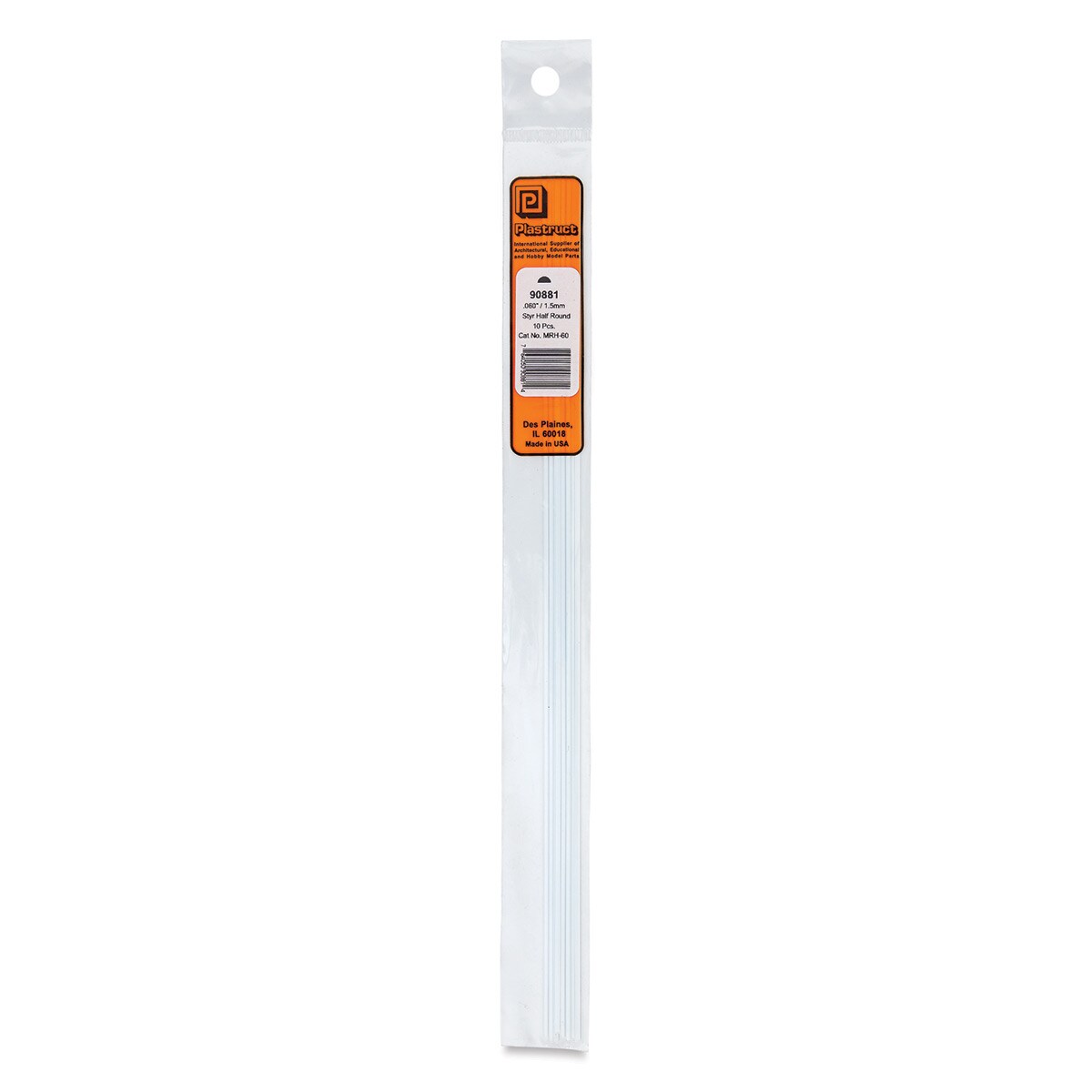 Plastruct Plastic Half-Round Rod - Pkg of 10, 0.06&#x22; Dia &#xD7; 0.03&#x22; H &#xD7; 10&#x22; L